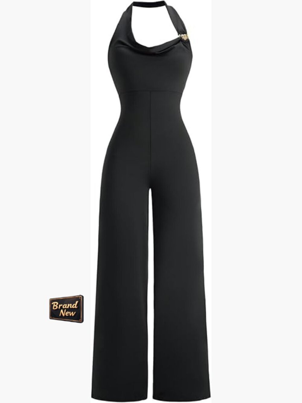 Large Polyester Halter Jumpsuit with Metal Decor for Evening Parties